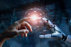 An illustration showing a human hand and a robotic hand, both reaching out to another with index finger.