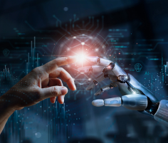 An illustration showing a human hand and a robotic hand, both reaching out to another with index finger.