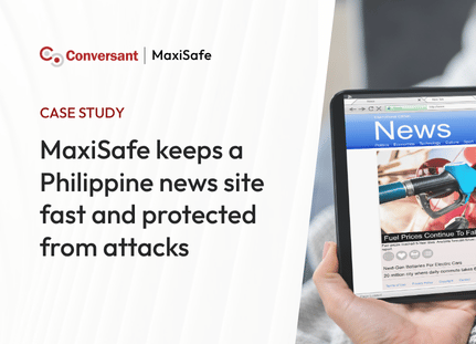 Conversant MaxiSafe case study cover with title: MaxiSafe keeps a Philippine news site fast and protected from attacks, alongside a tablet showing a news website.