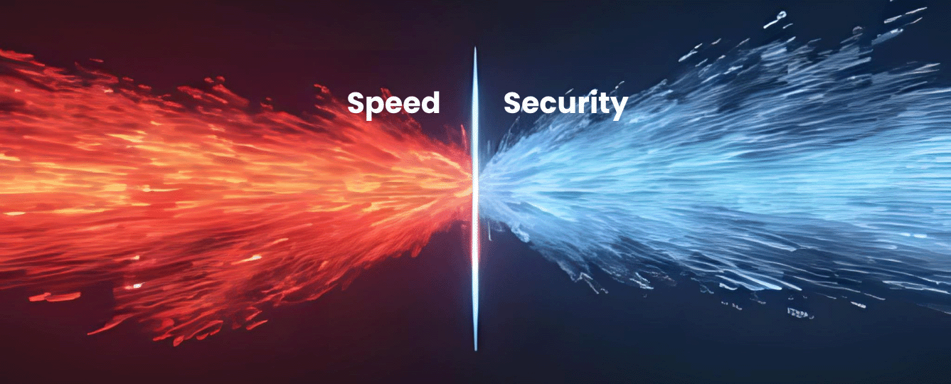 Abstract illustration with red and blue digital streams converging to symbolise the balance between speed and security.