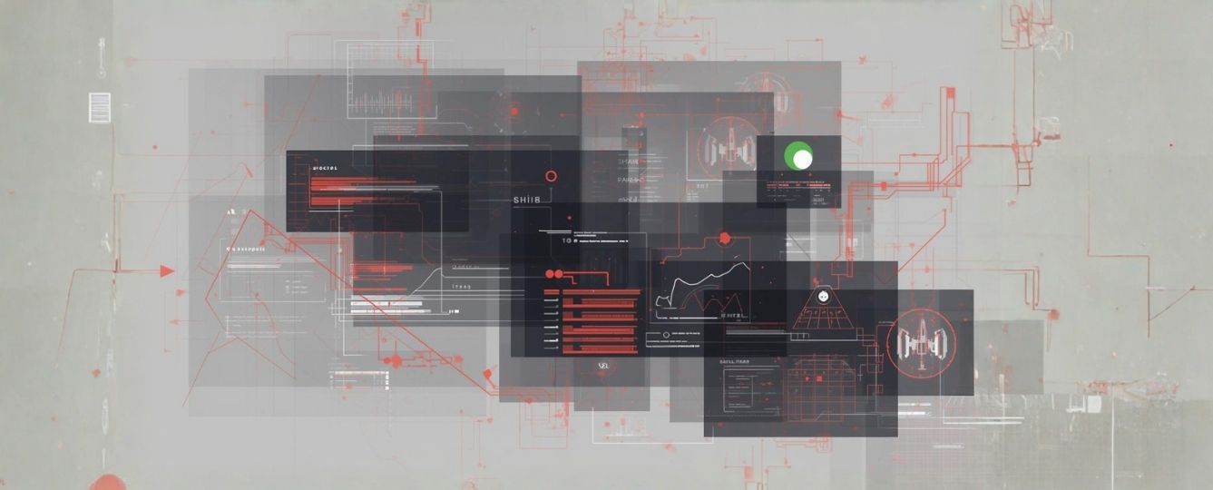 Abstract digital panels and dashboards overlapping in red and grey tones, representing fragmented security tools and complex system visibility.